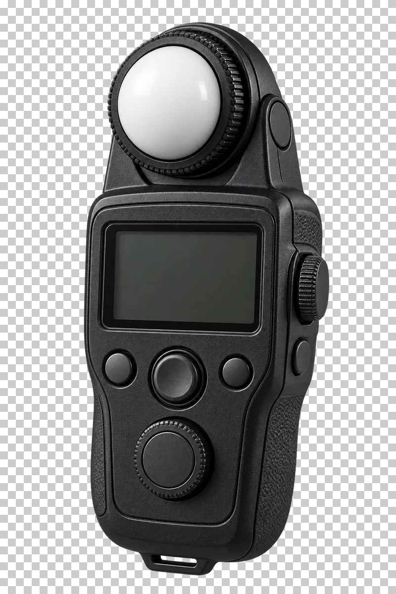 A handheld light meter with a white measurement dome and switched-off display.