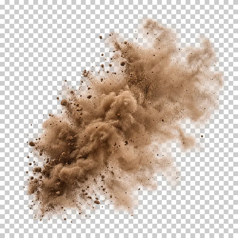 A brown earth dust cloud with irregular powder billows and airborne grains.
