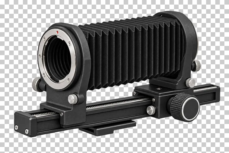 A macro bellows attachment with a pleated bellows and metal focusing rail.