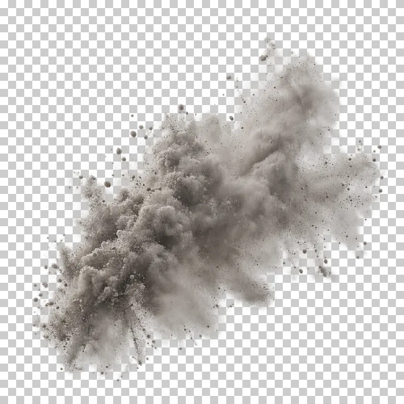 A gray mineral dust cloud with fine powder and scattered particles.