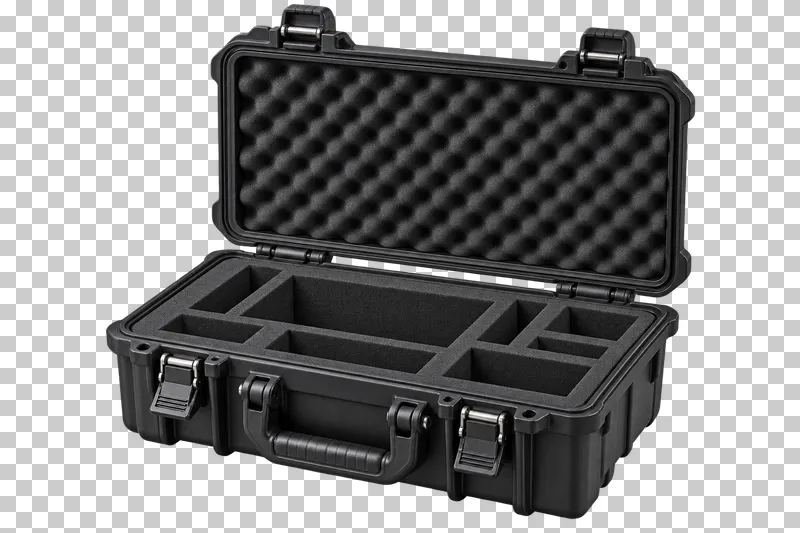 An open protective equipment case with foam compartments inside the base and lid.