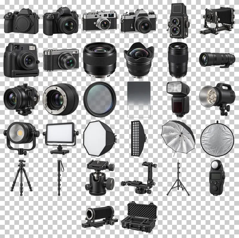 Photography Equipment Photo PNG Collection: all 32 elements in one grid