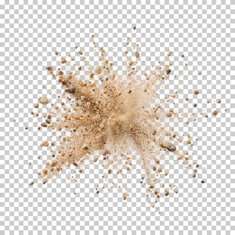 An asymmetric radial scatter of tan sand grains and translucent fine dust.