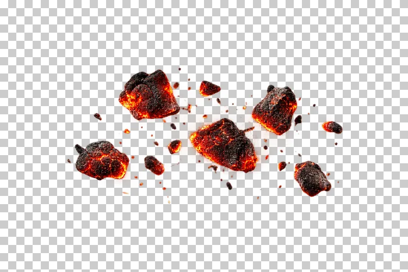 A small scattered group of glowing charcoal chunks and fine crumbs.