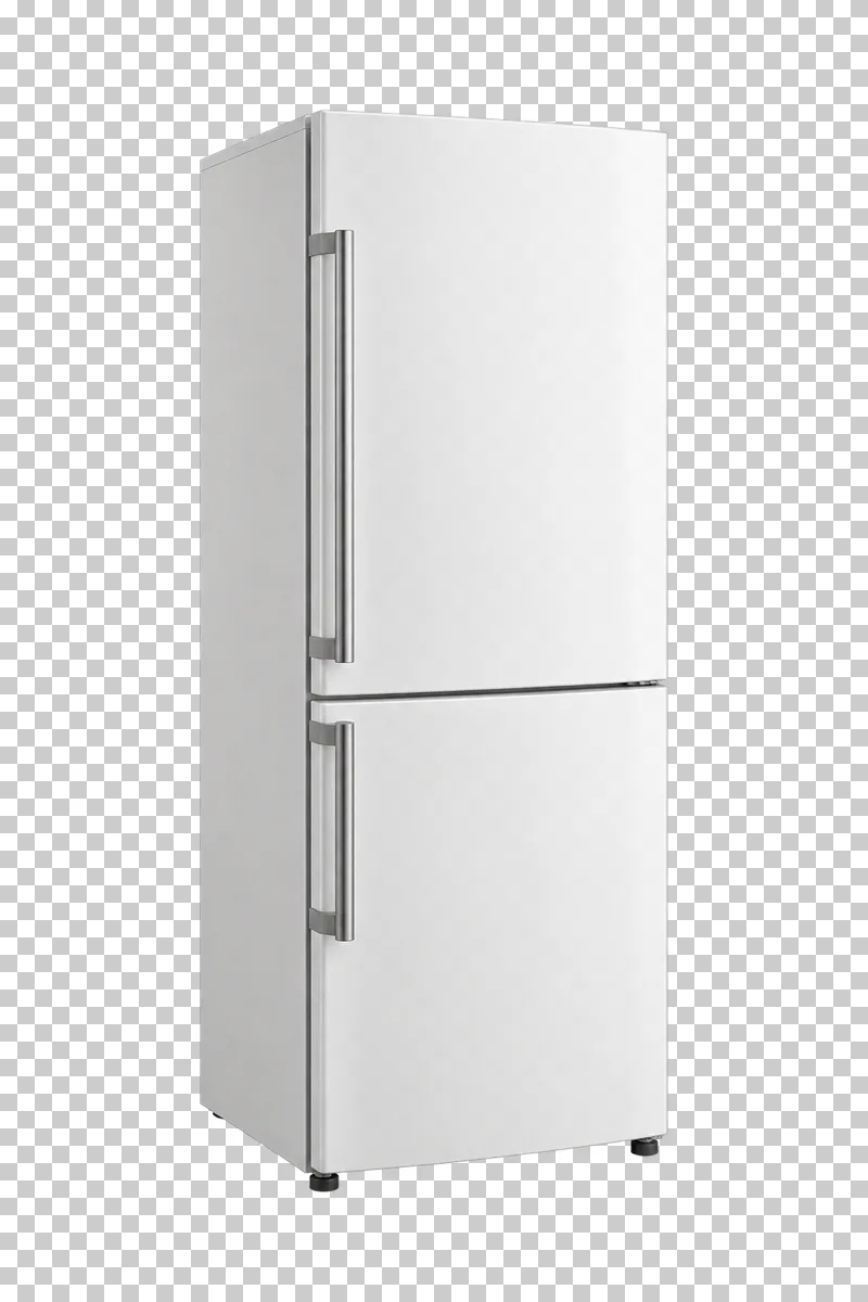 A white bottom-freezer refrigerator with two closed doors and recessed handles.