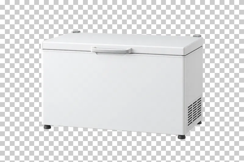 A white chest freezer with a closed hinged lid and a front handle.