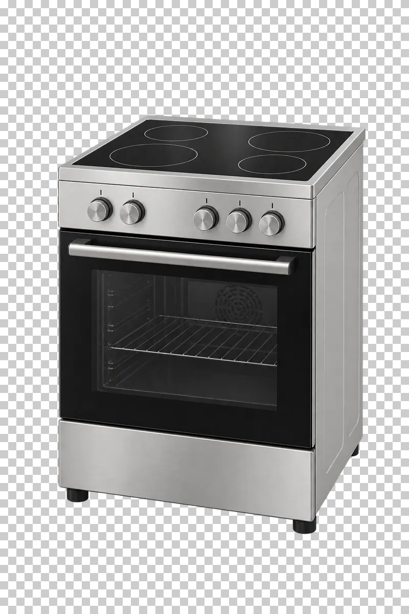 A freestanding electric cooker with a dark cooktop, closed glass oven door and front controls.