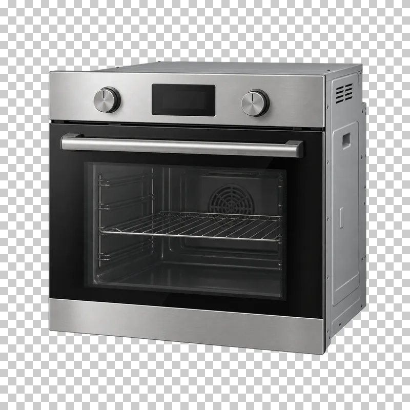 A built-in oven with a closed dark glass door, metal handle and controls.