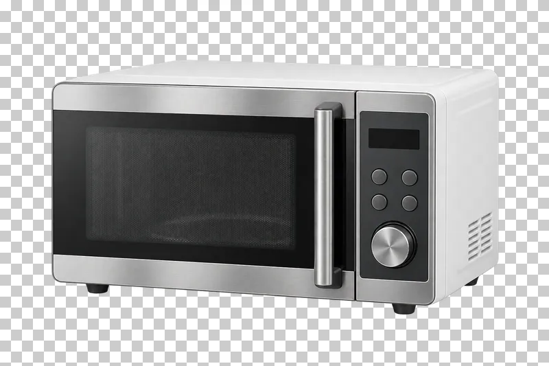 A microwave oven with a closed glass door and an inactive control panel.