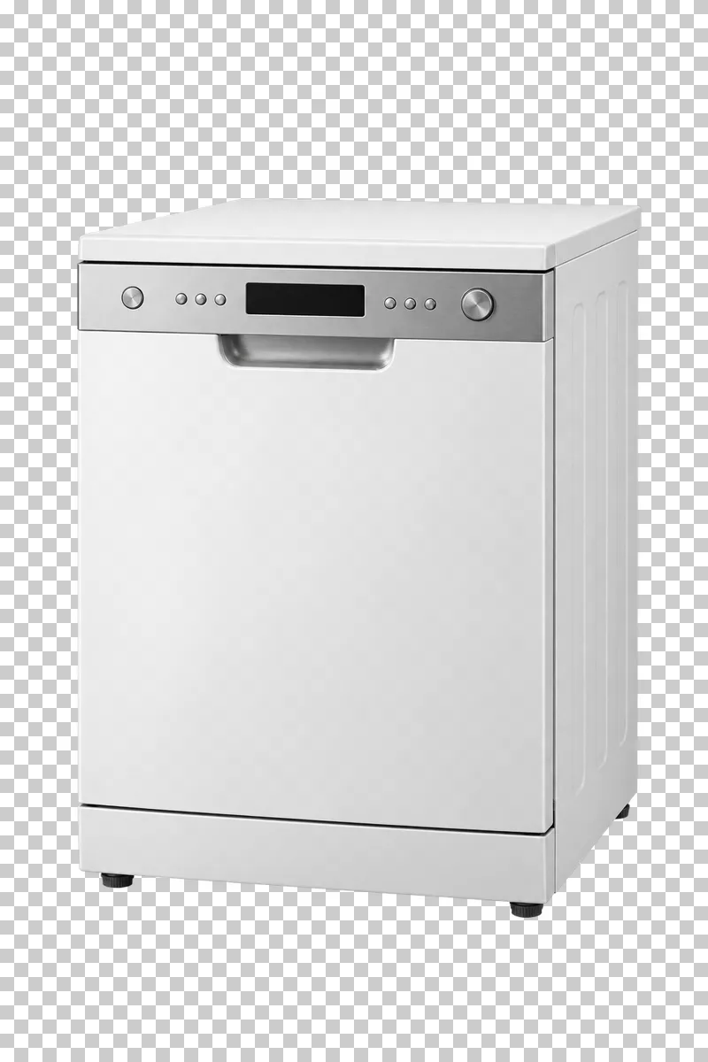 A freestanding dishwasher with a closed front door and a recessed handle.