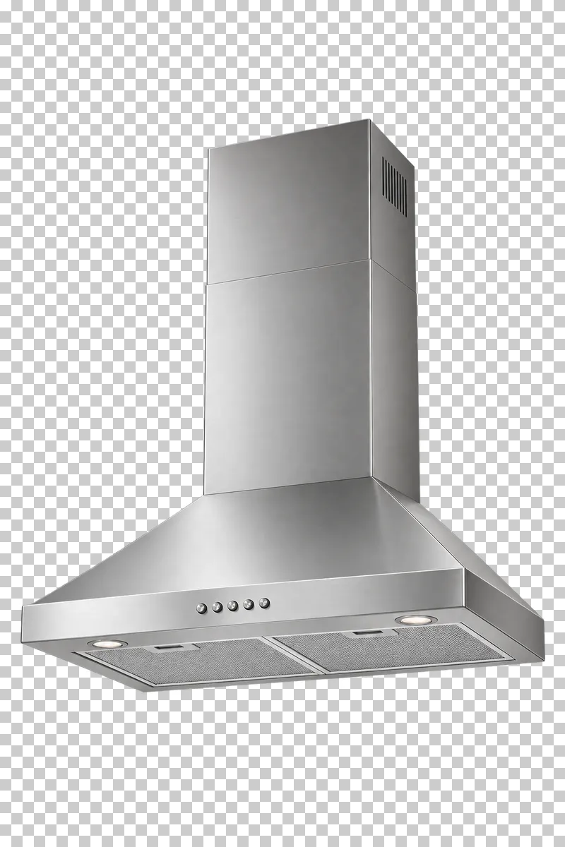 A stainless steel chimney range hood with a broad canopy and integrated vent filters.