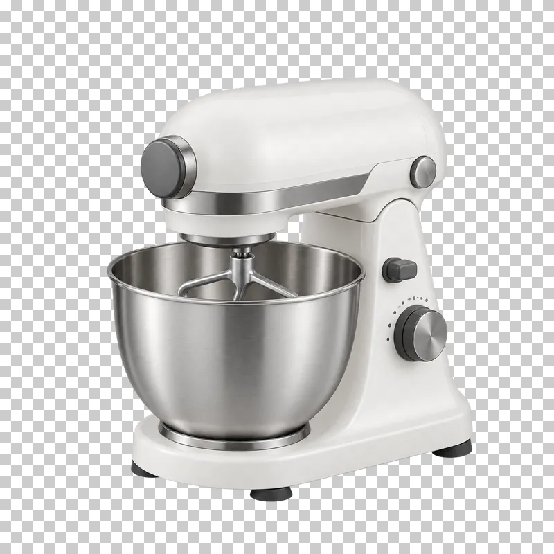 A stand mixer with a metal mixing bowl and an attached mixing head.