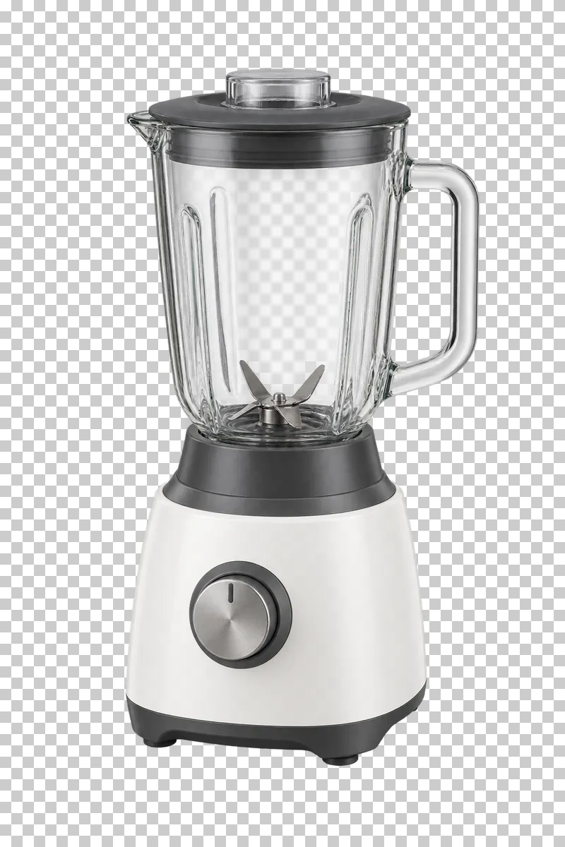 A countertop blender with a clear lidded pitcher on its motor base.
