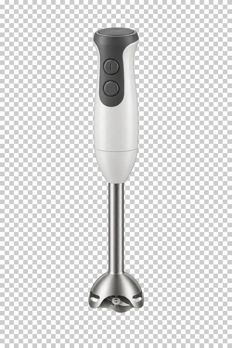 An immersion blender with an integrated handle and metal blending shaft.