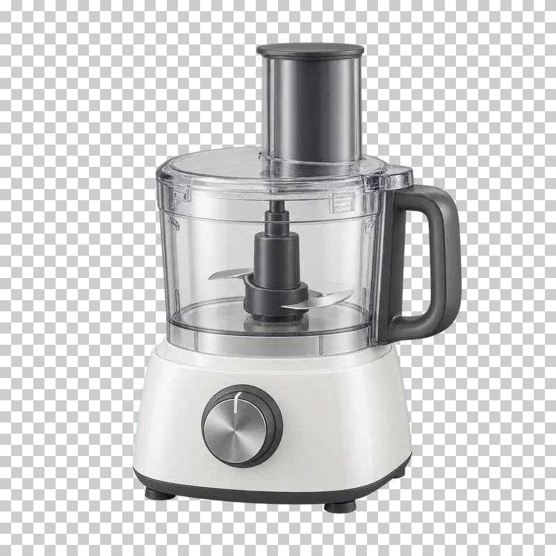 A food processor with a lidded clear bowl and feed tube on its motor base.