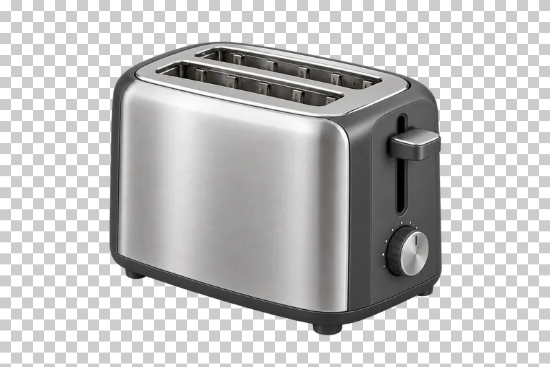 A toaster with bread slots, a side lever and front controls.