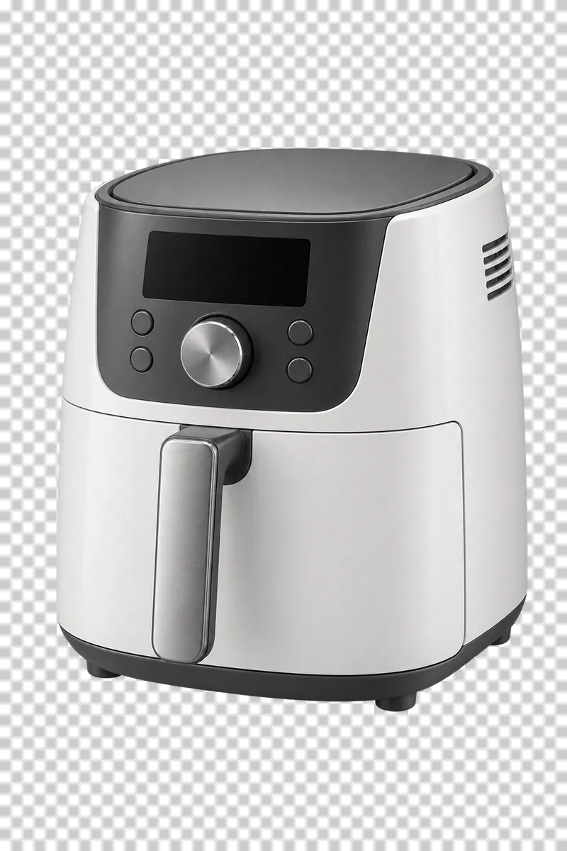 An air fryer with a closed pull-out basket and an inactive display.