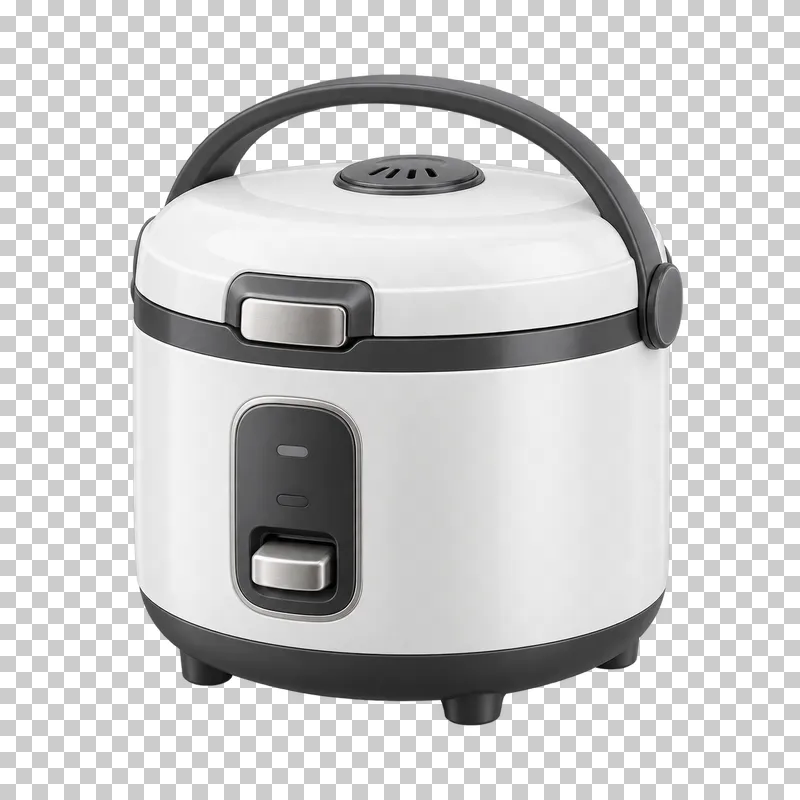 A rice cooker with a closed lid and front controls.
