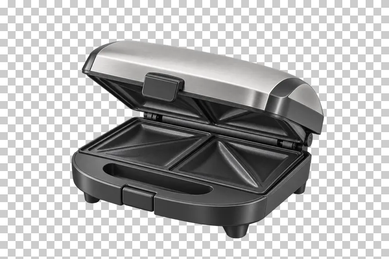 A partially open sandwich maker showing its integral cooking plates.