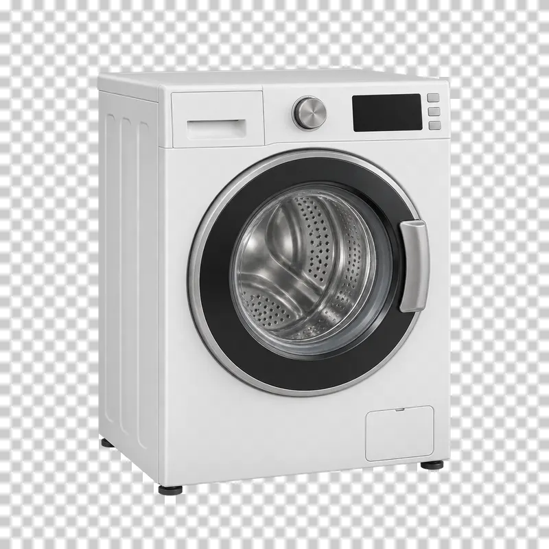 A front-loading washing machine with a closed glass drum door and inactive controls.