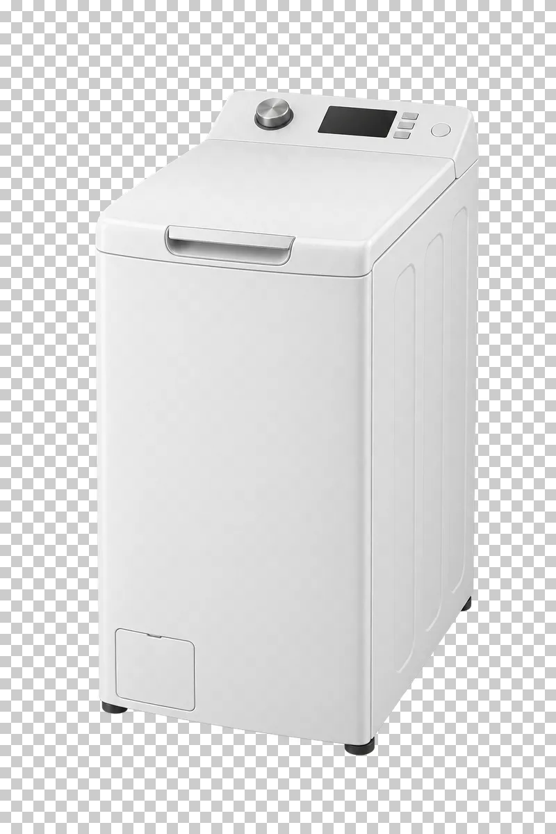 A top-loading washing machine with a closed top lid and control panel.