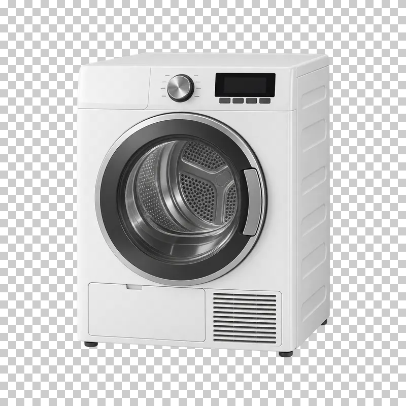 A tumble dryer with a closed front drum door and inactive controls.