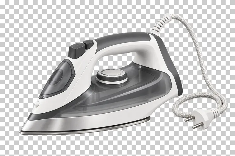 An electric iron with a handle, soleplate and complete attached braided power cord and plug.