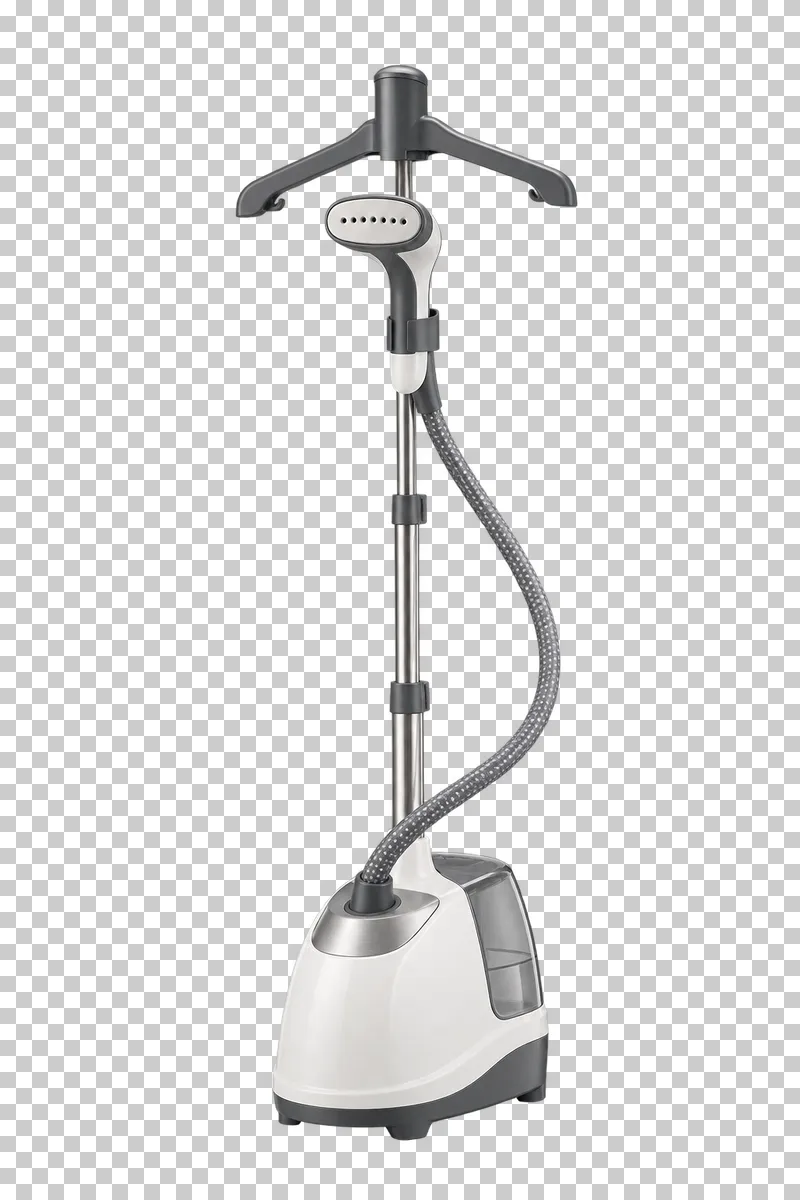An upright garment steamer with an integral stand, garment support and connected steam hose.