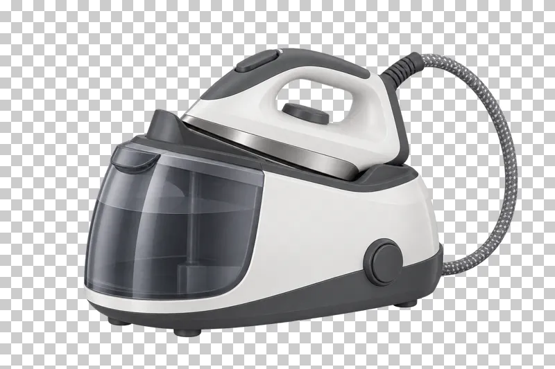 A steam generator station with an iron resting on its base and a connected steam hose.