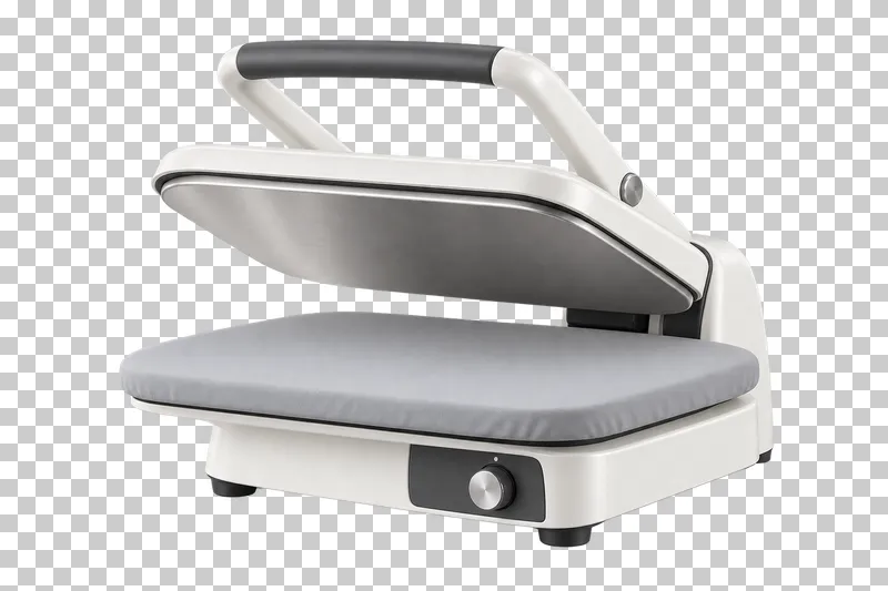A partially open ironing press with a padded lower board and hinged upper pressing plate.