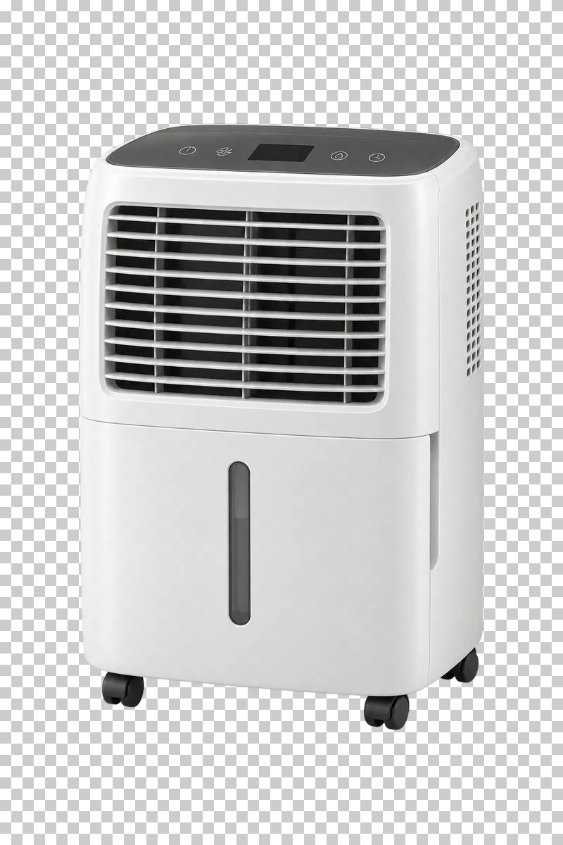 A dehumidifier with ventilation grilles and a closed water tank compartment.