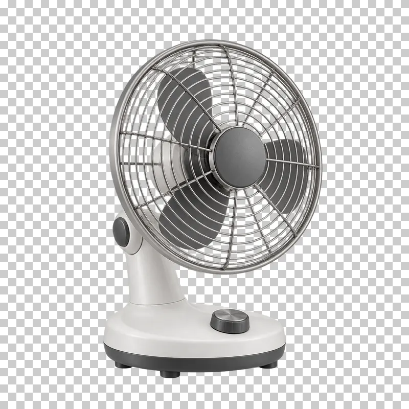 A desk fan with a protective grille, fan blades and a pedestal base.