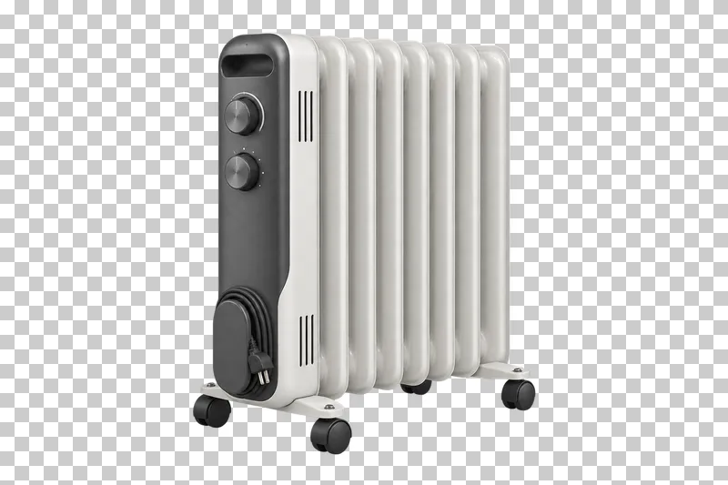 An oil-filled radiator with metal heating fins, controls and caster feet.