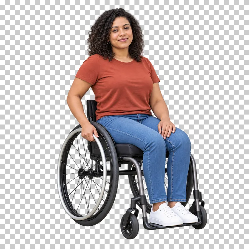 A woman sitting in an active wheelchair in a relaxed pose.