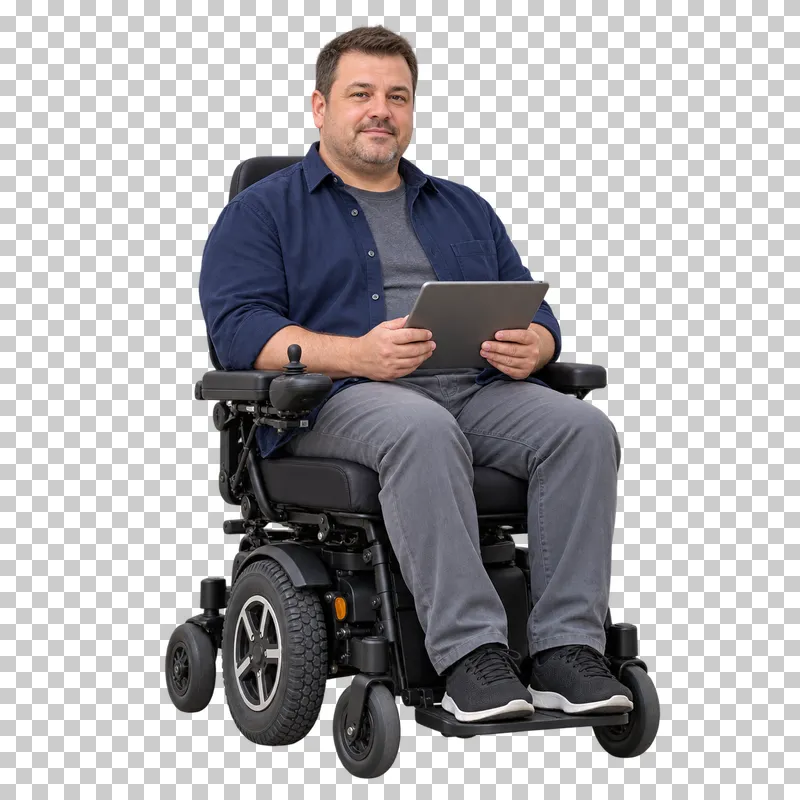 A man using a tablet while seated in a powered wheelchair.