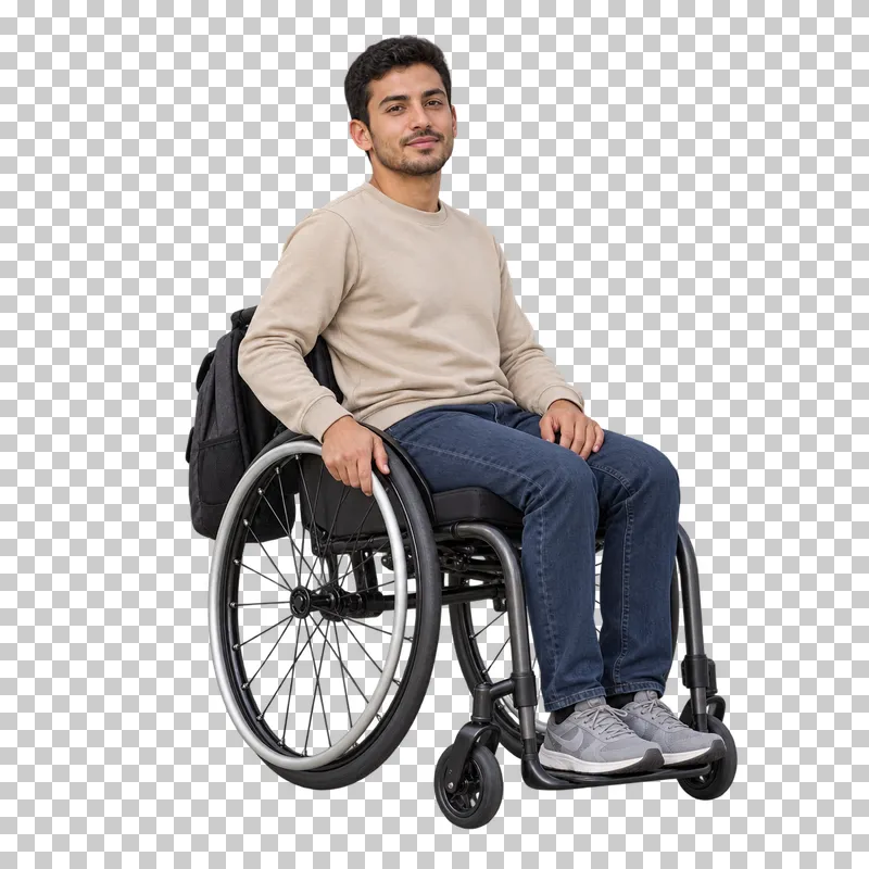 A man sitting in a wheelchair with a backpack attached to its backrest.