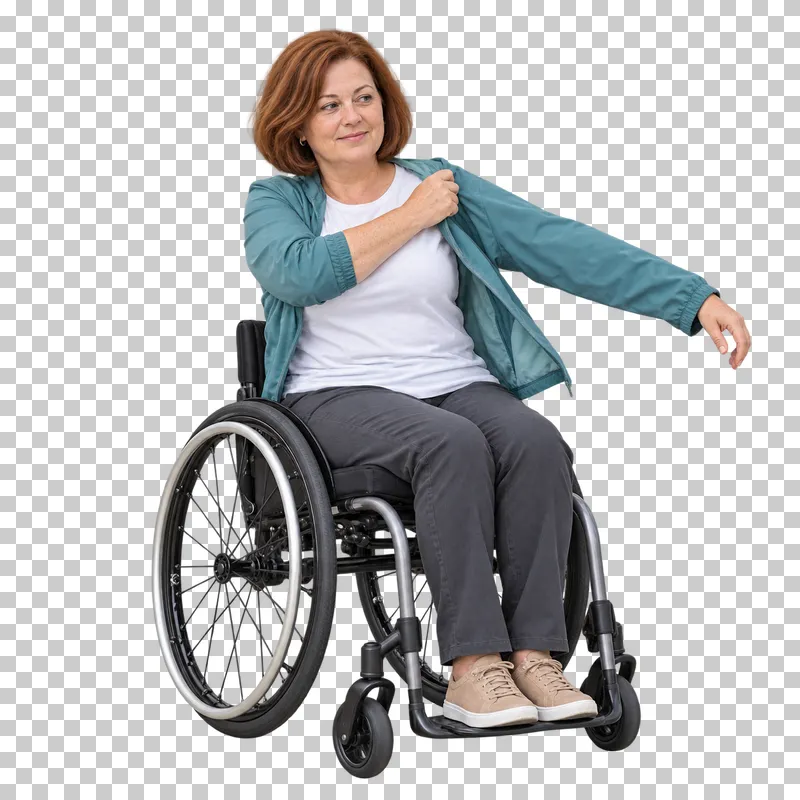 A woman putting on a light jacket while seated in a wheelchair.