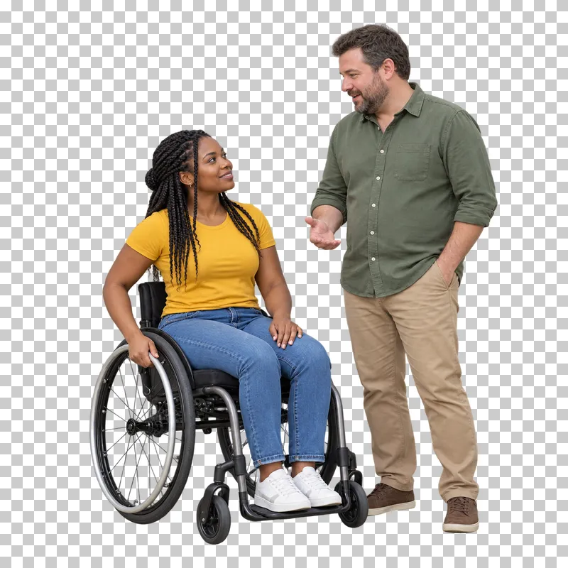 Two adult friends talking, with one woman seated in a wheelchair.