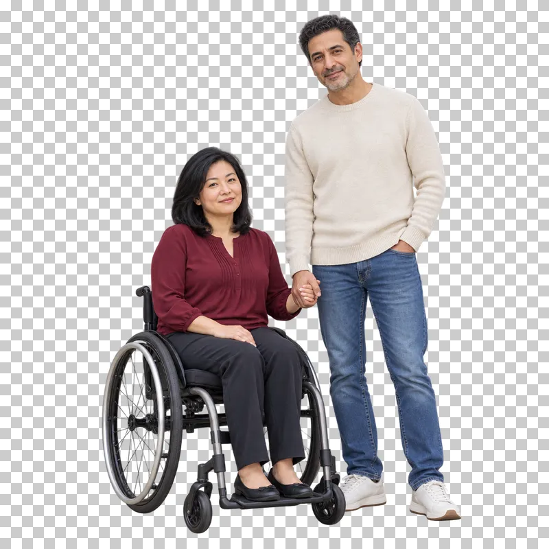 An adult couple holding hands, with one woman seated in a wheelchair.