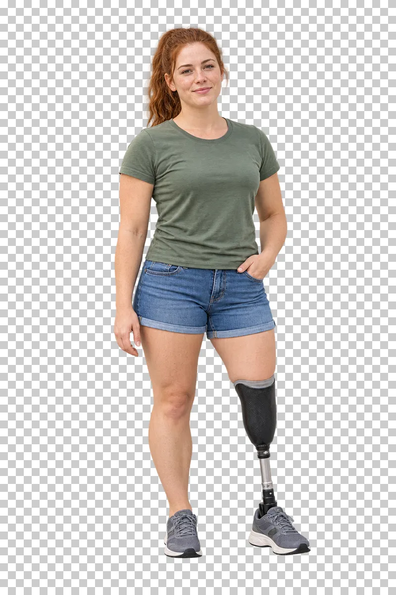 A woman in shorts standing with a below-knee prosthesis.