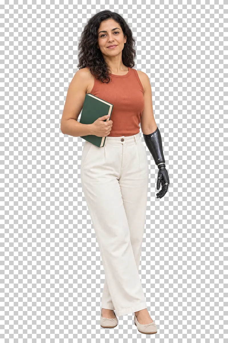 A woman with a forearm prosthesis holding a book in her other hand.