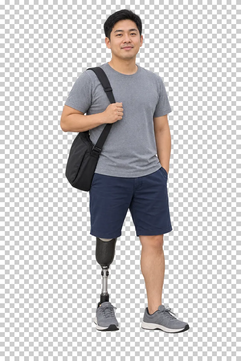 A man with a below-knee prosthesis carrying a shoulder bag.