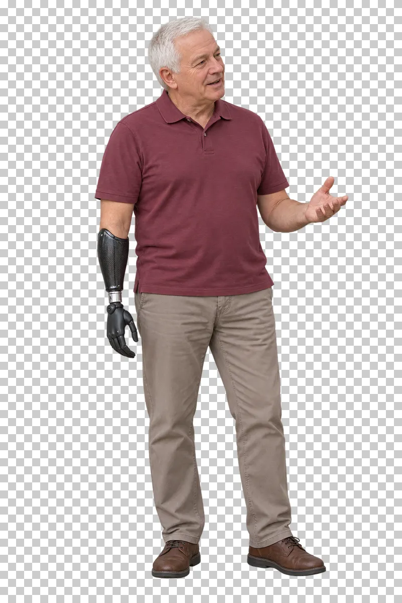 A man with a forearm prosthesis gesturing during a conversation.