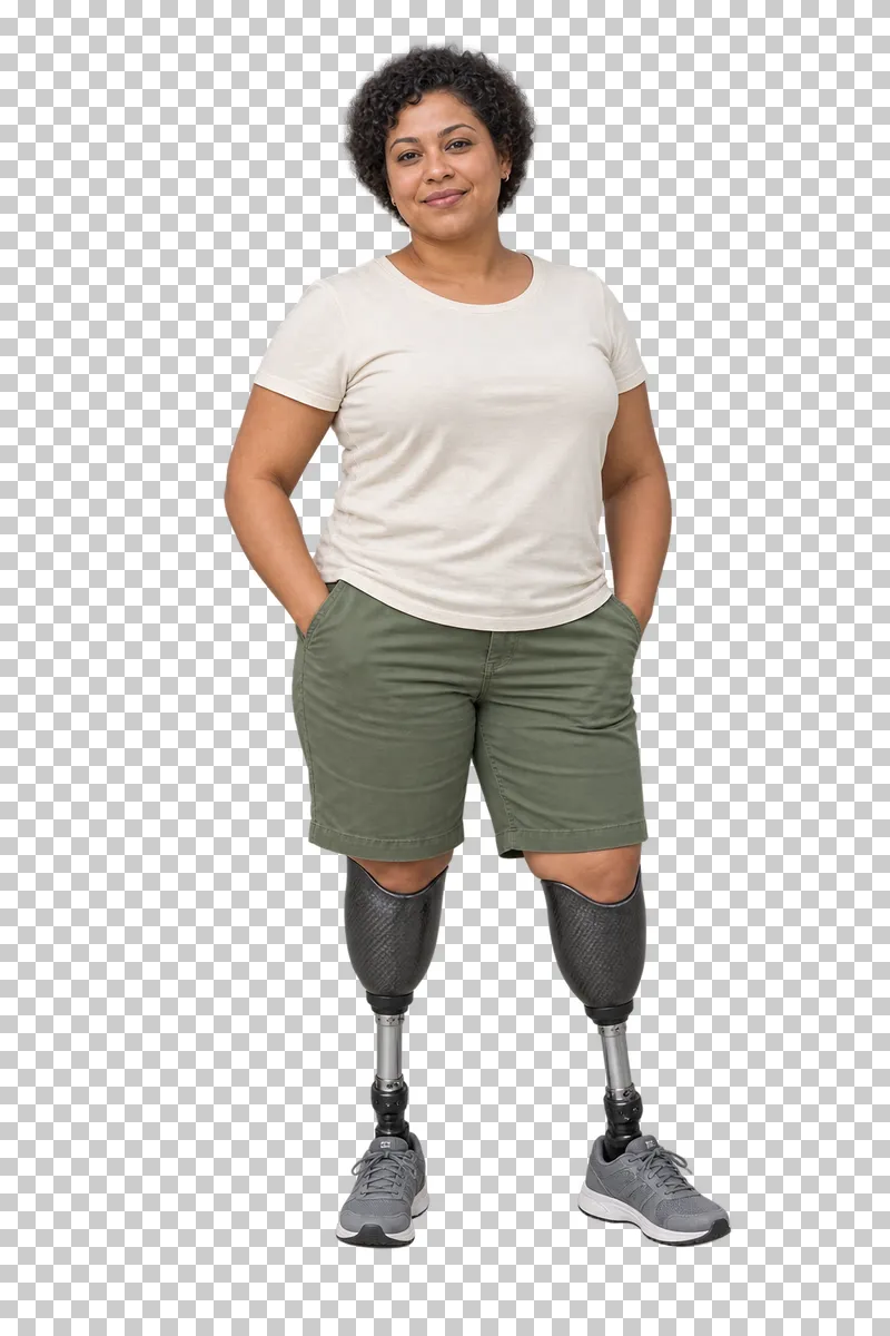 A woman standing casually with two below-knee prostheses.