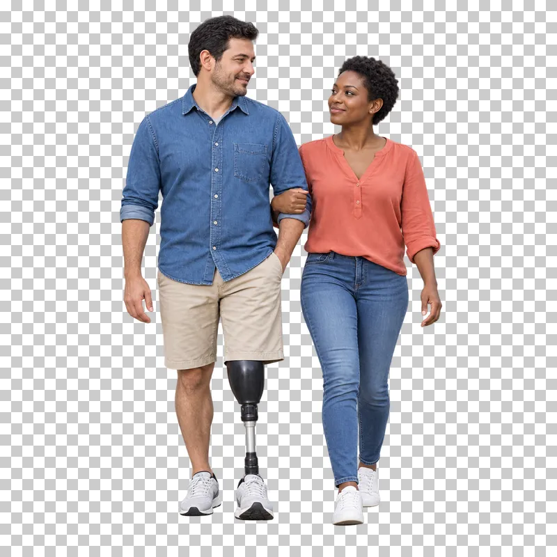 An adult couple walking together, with one man using a leg prosthesis.