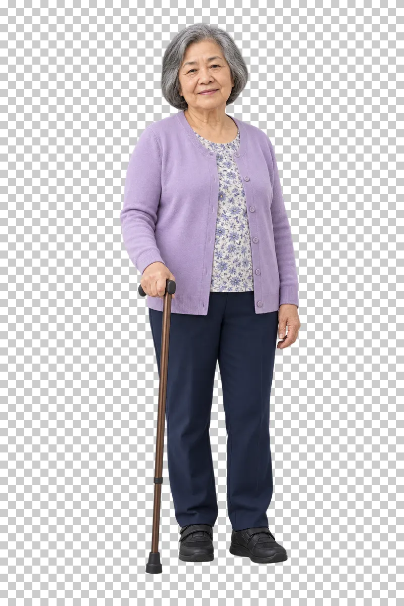 An older woman standing with a walking cane.