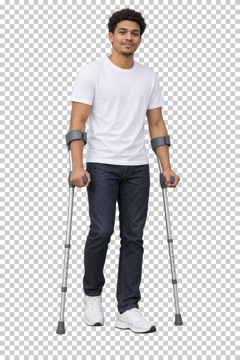 A young adult man using two forearm crutches.
