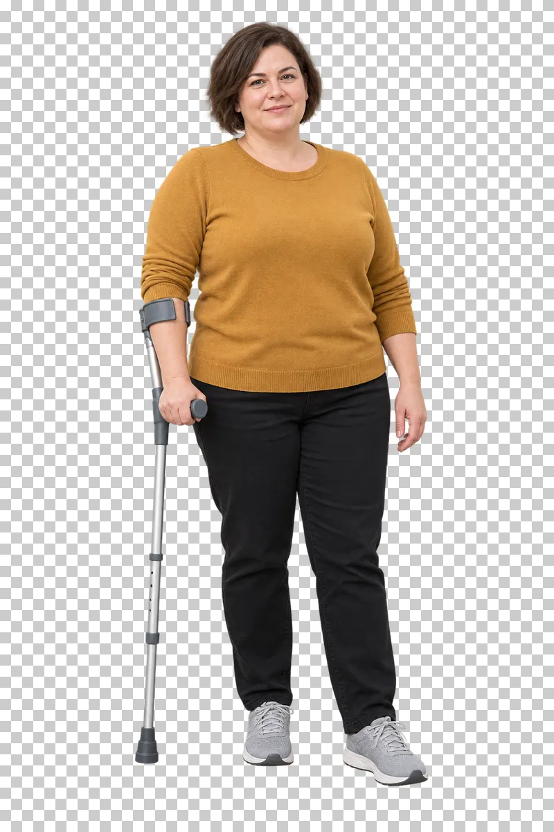 A woman standing with one forearm crutch.