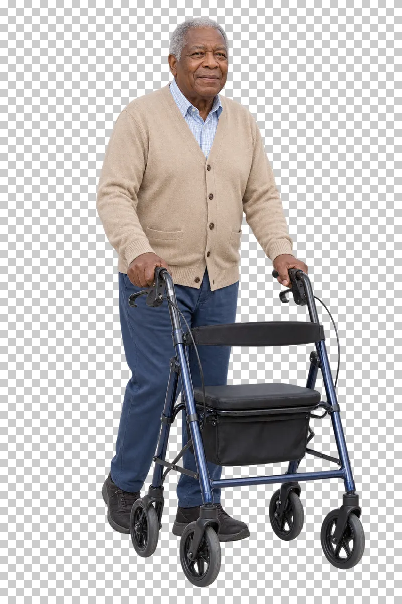An older man holding the handles of a rollator.