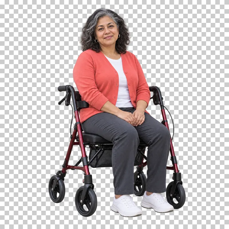 A woman resting on the seat of a rollator with its wheels locked.